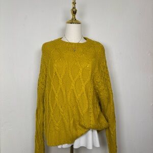 forever 21 yellow mustard cable knit sweater crewneck cottagecore preppy winter